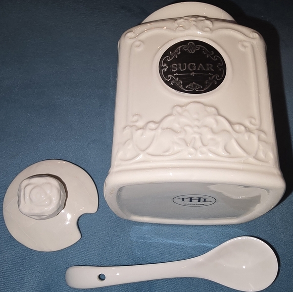 THL Classic French Chic Porcelain Rose Top White Sugar Bowl Farmhouse - Picture 8 of 8